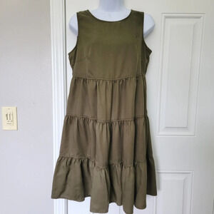 Tommy Hilfiger Olive Green Tiered Sleeveless Ruffled Short Dress Logo Size S